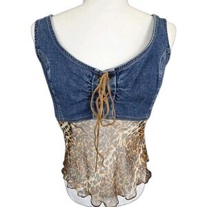 Vintage Denim Leopard Bustier Top L Lace Up Y2K Mob Wife Sheer Rainforest Cafe